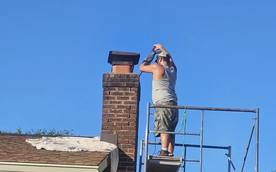 Working the top of a chimney from a scaffold platform set up against the roof.